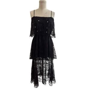 Vintage 90s Black Tiered ruffled Lace Rhinestone‎ Dress size Small